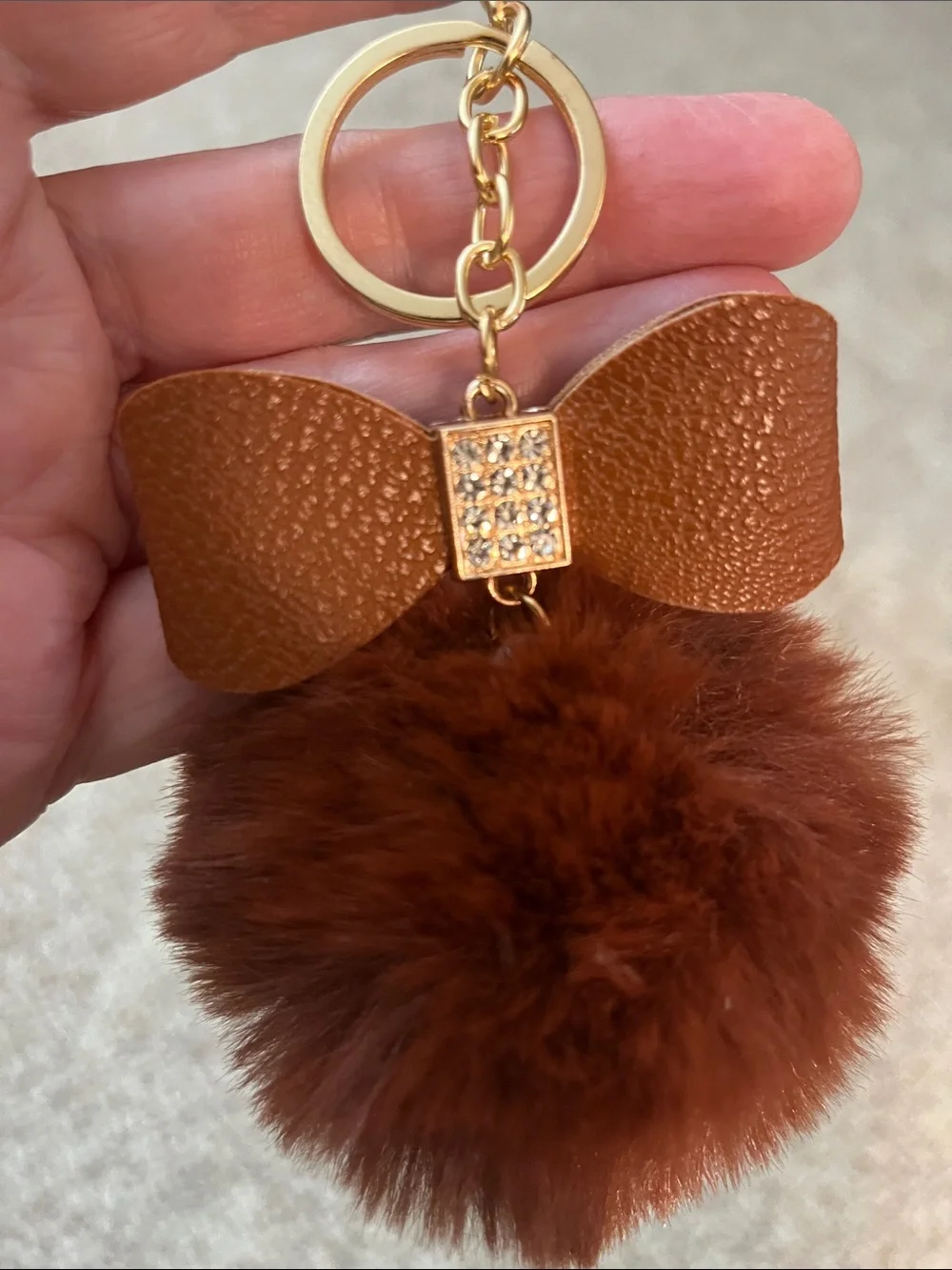 Faux Fur Pom Pom Keychain/Purse Charm with Brown Leather Bow and Gold Hardware